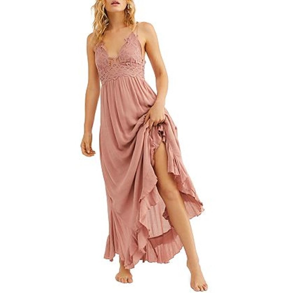 Free People Medium Crochet Lace Maxi Slip Dress Rose Pink Strappy Back Gauze NWT - Picture 2 of 13